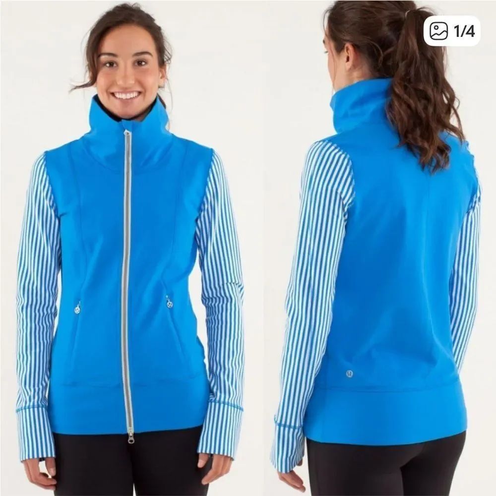 Lululemon Daily Yoga Zip Up Jacket Beaming Blue Striped Womens 10